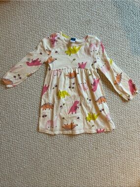 Girls 3T Old Navy Cream Long Sleeve Dress with Pink, Yellow & Orange Dinosaurs